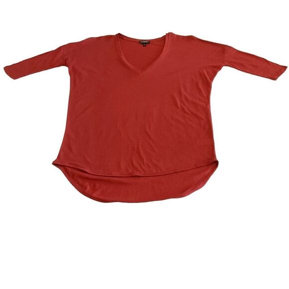 Express Tunic Blouse V Neck High Low Burnt Orange Short Sleeves Size Small - Picture 6 of 8